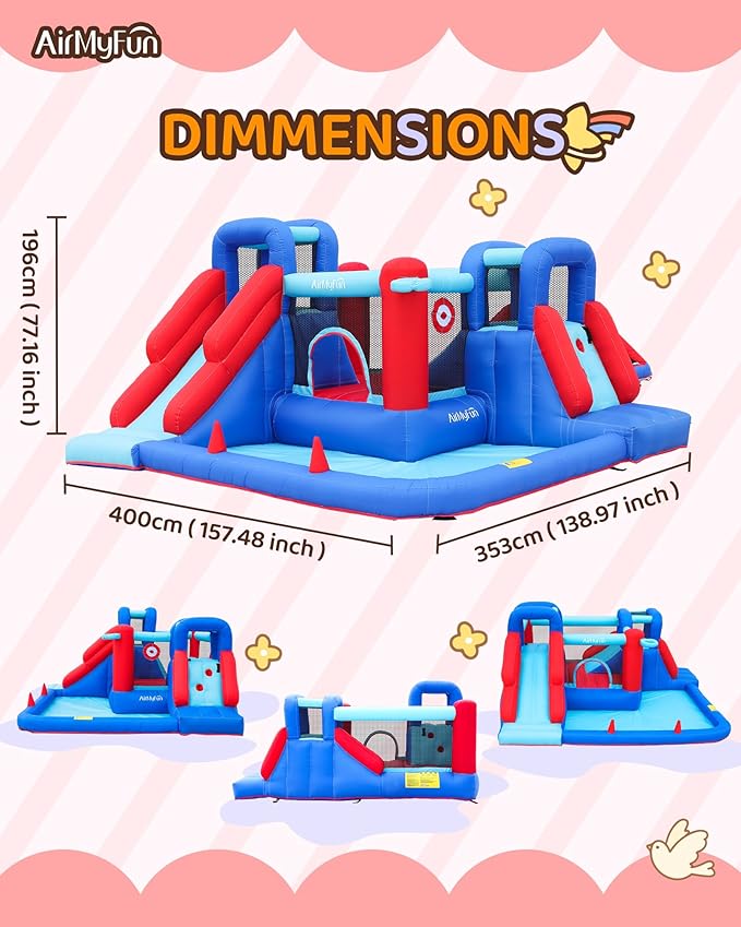 AirMyFun Bounce House,Bouncy Castle with Ball Pit,Inflatable Kids Double Slide with Air Blower, Castle Bouncer for Children Jumping Outdoor and Indoor Party