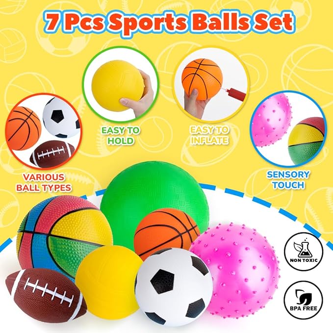 Balls for Toddlers 1-3,Toddler Sports Ball Outdoor Toys,Set of 7 Kids Foam Ball Baby Ball Indoor Outdoor Toys-Playground Ball Basketball Football Volleyball Rugby Bounce Ball with Bag