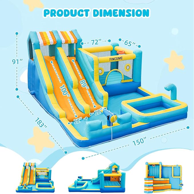 Inflatable Bounce House, 10 in 1 Double Water Slide Bounce House with 750W Blower, Climbing Wall, Jumping, Water Gun, Splash Pool, Basketball Hoop for Kids Indoor Outdoor Backyard