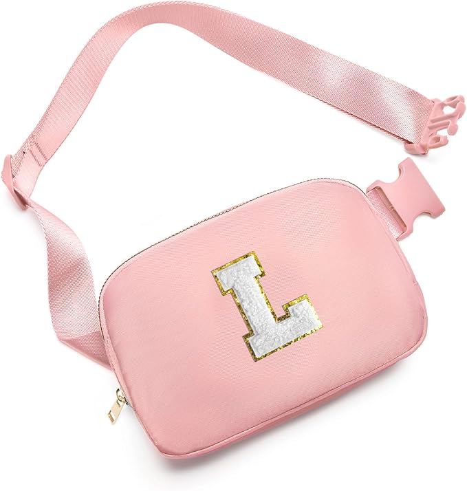 Gitus Birthday Gifts for 8 9 10 11 12 13 Year Old Girls Personalized Fanny Pack Crossbody Bags with Initial Letter Patch Belt Bag for Teen Girls Cute Trendy Stuff Travel Essentials (LightPink-L)