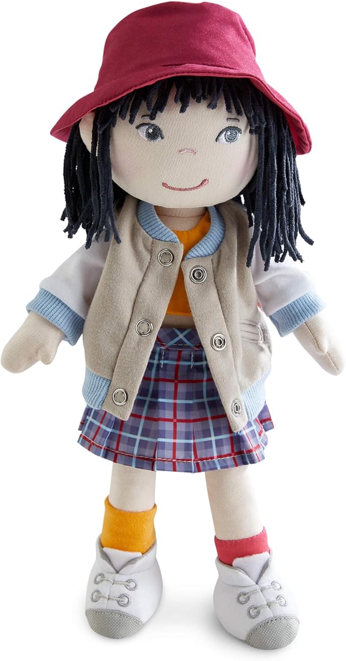 HABA 12" Soft Doll Yuki with Black Hair, Embroidered Face, Stylish Bucket Hat and Clothes - Washable Toddler Baby Doll for 18 Months+