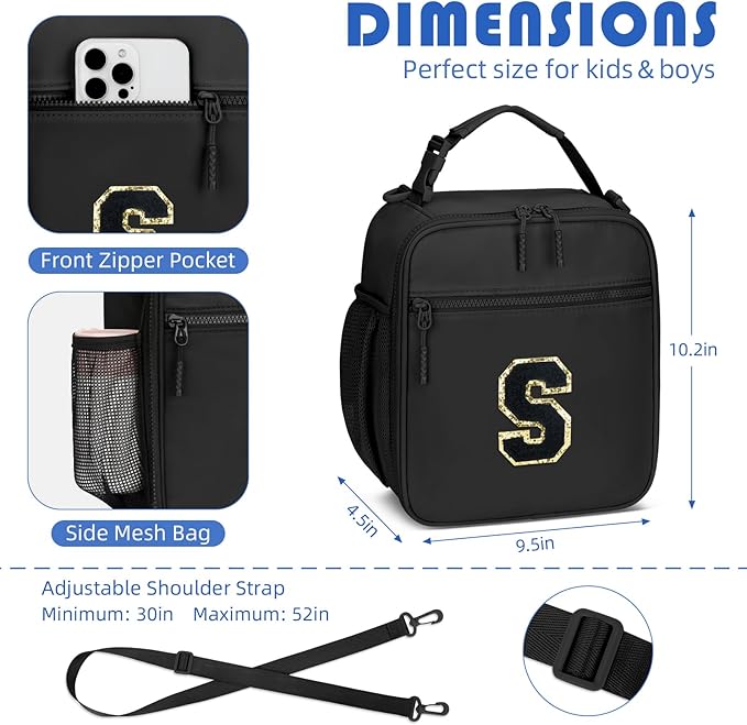 Initial Insulated Lunch Bag for Boys Kids, Back to School Gift, Reusable Leak-proof Lunch Box with Adjustable Strap for School Daycare Travel Picnic（Black，S）