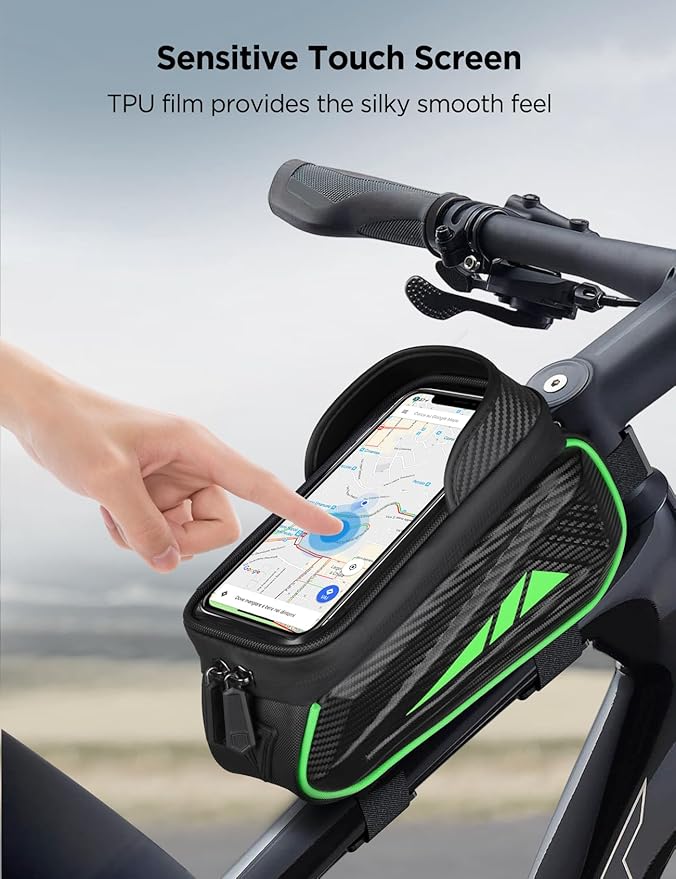 Bike Phone Holder Bag, EVA Waterproof Bicycle Front Frame Bag, Bike Accessories Cycling Pouch with Sensitive TPU Touch-Screen, Bicycle Phone Mount with Rain Cover for Phone under 6.5"(Green, 6.5 inch)