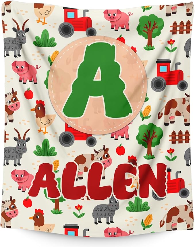 Kids Blanket Gift for Boys, Personalized Farm Throw Blanket for Kids Toddler Boys Age 6-8, Custom Name Initial Letter Monogram Soft Fuzzy Blankets for Bed Couch Sofa Decor