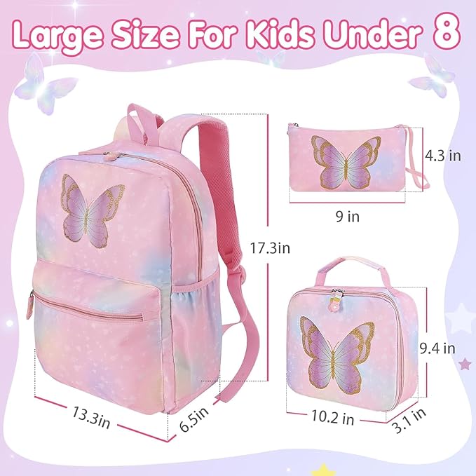 Cokouchyi 3 Pcs Kids Backpack Set with Lunch Box & Pencil Case, Lightweight Preschool Backpack for Girls Age 3-8, Kids Book bag Elementary, Butterfly