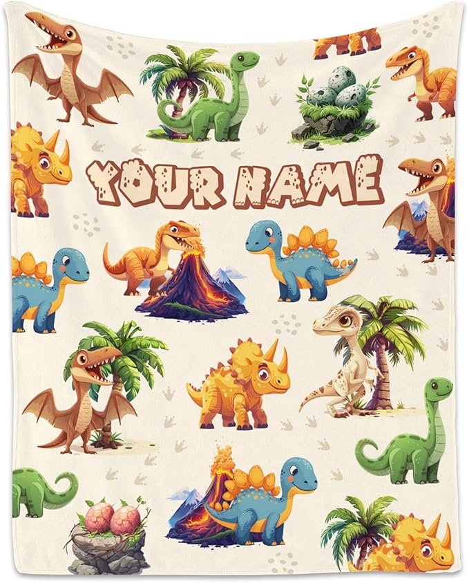 Personalized Kids Blankets for Boys Girls, Custom Dinosaur Blanket for Boys, Soft Fuzzy Flannel Throw Gifts Ideal, 60"x80" Kid Dinosaur Gift