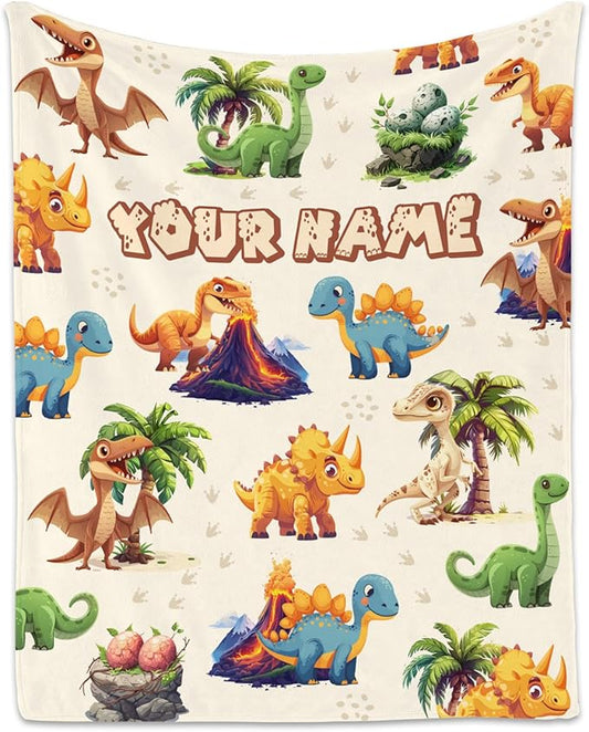 Personalized Kids Blankets for Boys Girls, Custom Dinosaur Blanket for Boys, Soft Fuzzy Flannel Throw Gifts Ideal, 40"x50" Kid Dinosaur Gift