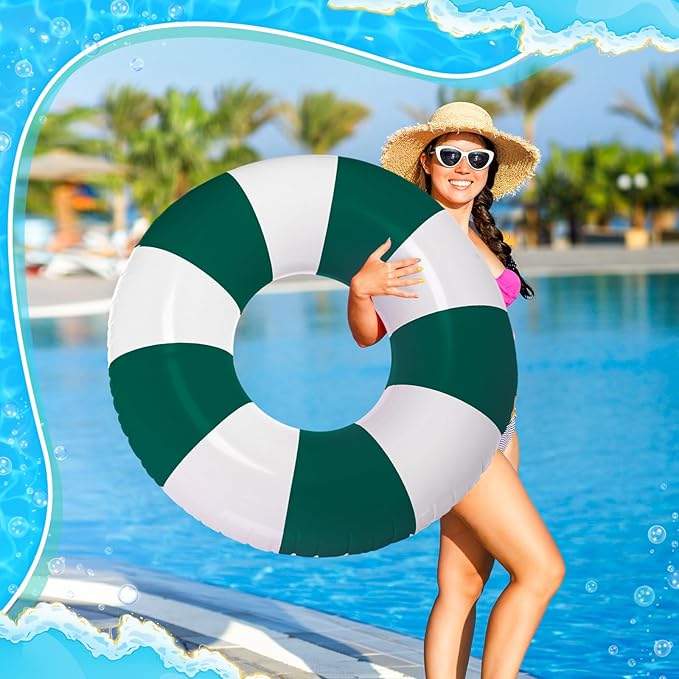 Jumbo Pool Floats 47.24 Inch Large Swimming Ring Dark Green Striped Rings Inflatable Tube for Adult Swimming Pool Summer Beach Bachelorette Wedding Party Decor Supplies