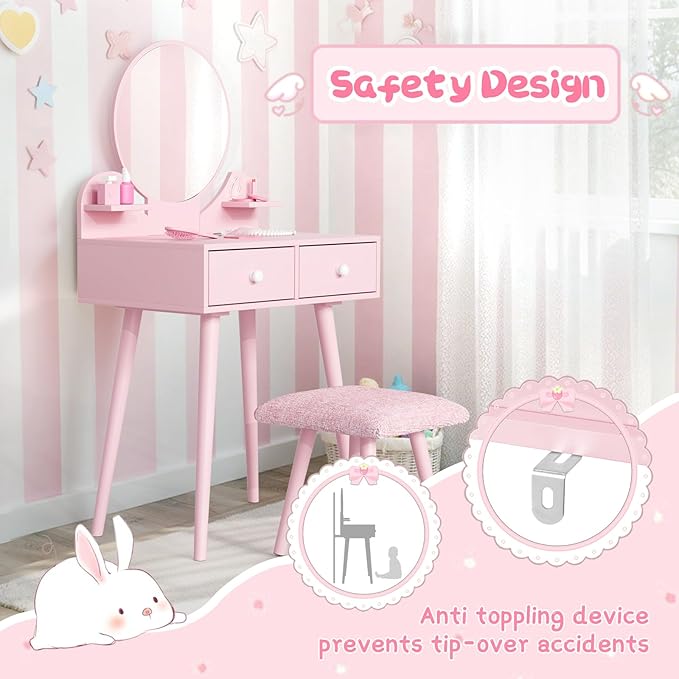 Arlopu Kids Vanity Table and Chair Set, 2 in 1 Toddler Makeup Dressing Desk with Detachable Large Mirror and Stool, Drawers, Princess Wooden Pretend Play Toys for Little Girls (Pink)