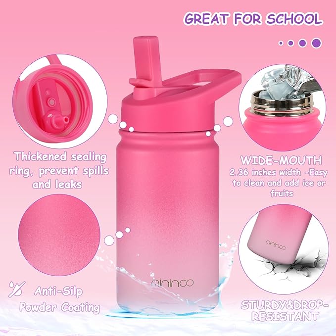 Mininoo Insulated Kids Water Bottle, 12 oz Stainless Steel Water Bottle Kids with Straw Lid and Chug Lid for Girls, Boys (Sweat Peach)