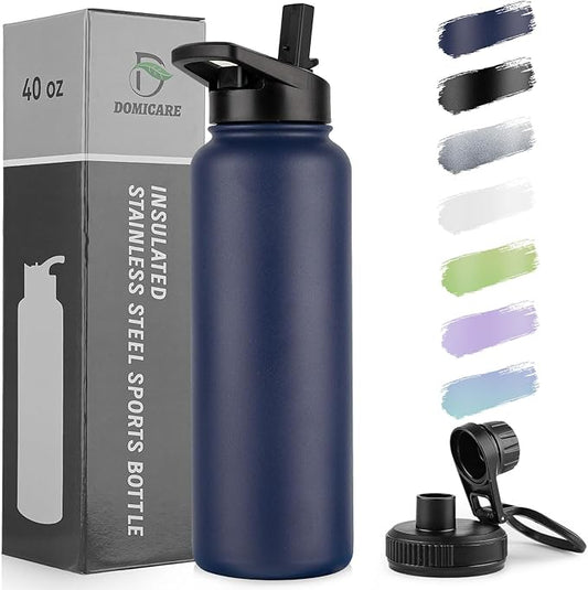 DOMICARE 40 oz Insulated Water Bottle, Vacuum Insulated Stainless Steel Sports Water Bottle with Straw Lid & Spout Lid, Leakproof, Reusable - Travel, Camping, Bike, Navy Blue