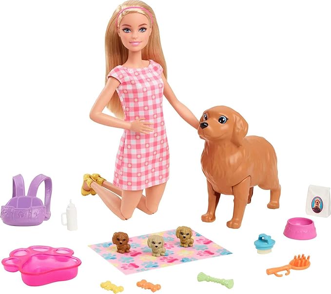 Barbie Doll & Pets Set, Blonde with Mommy Dog, 3 Newborn Puppies with Color-Change Feature & Pet Accessories