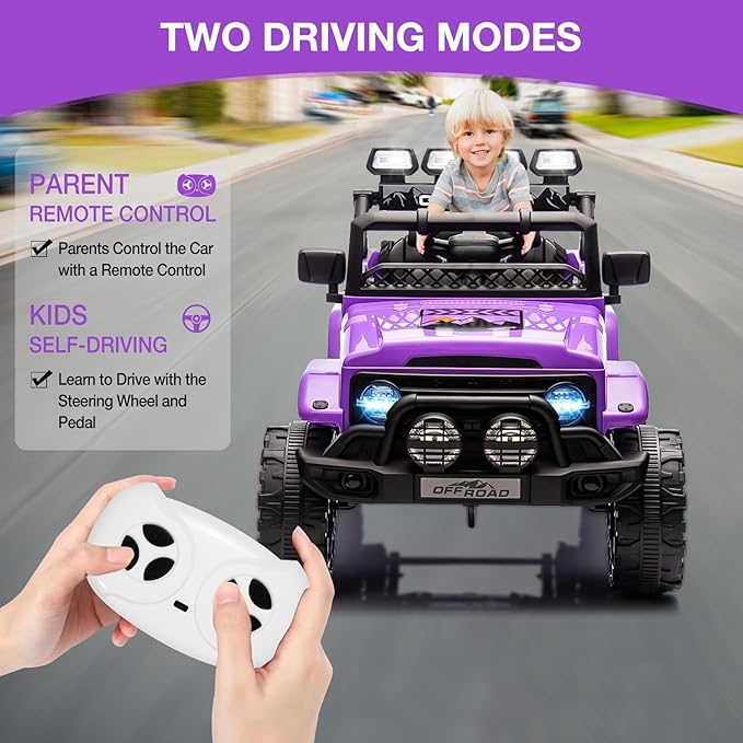 Ride On Truck Car 12V, Electric Vehicle w/Remote Control, 3 Speeds, LED Lights, Music, Spring Suspension, Ride on Car for Kids