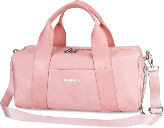 Compact Sports Gym Bag for Women Girls, Cute Mini Duffle Bag with Wet Pocket & Shoes Compartment, Personal Item Travel Workout Bag, 16"-Small, Pink