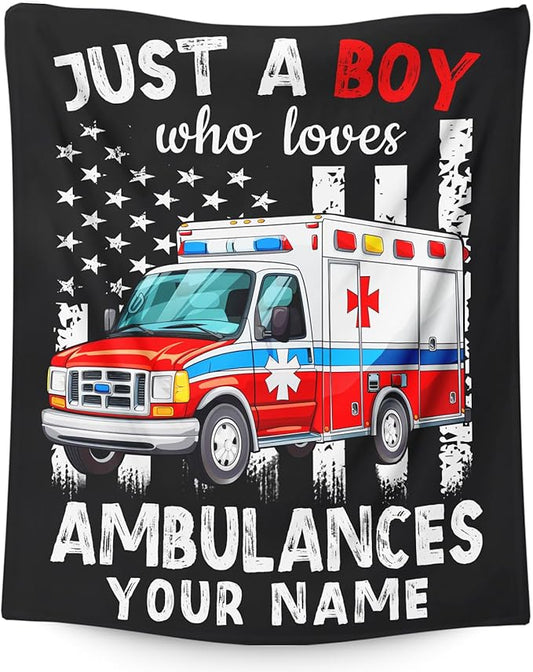 Custom Ambulance Blanket for Boys, Cute Throw Blanket Gifts for Kids Truck Lovers, Personalized 60x80 Inches Black Soft Fuzzy Blankets for Sofa Couch Bed Travel