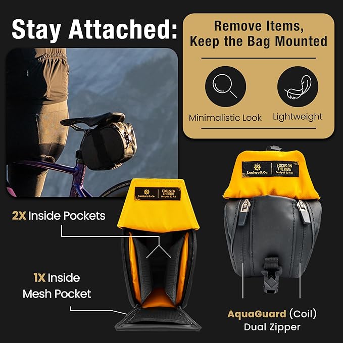 Lumiere & Co. Maximus Large Magnetic Bike Seat Bag – Quick-Attach Saddle Bag with AquaGuard Zippers, Secure Under-Seat Storage for Cycling Gear & Accessories (Black, Large)