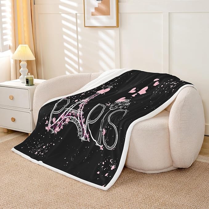 Eiffel Tower Fleece Throw Plush Blanket for Sofa Couch Bed - Black Pink - Modern French Style Sherpa Blanket - Twin 60"x80" - Paris Chic Romantic Theme