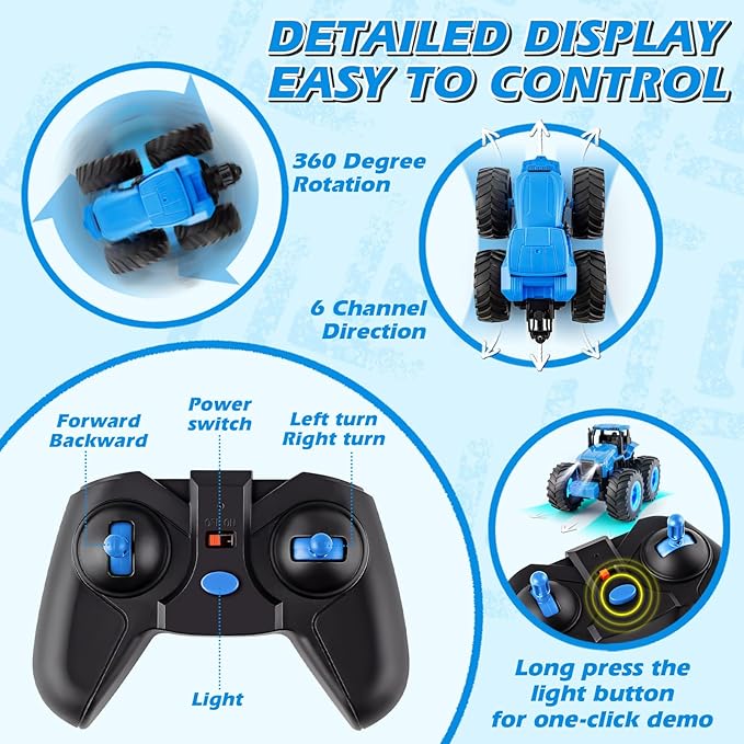Remote Control Monster Tractor Toy for 3, 4, 5, 6, 7 years old, Blue Light Up Monster Trucks Toy with LED Lights Toddlers RC Farm Vehicle Toys for Boys ＆ Girls Ideal Christmas, Birthday Gifts for Kids