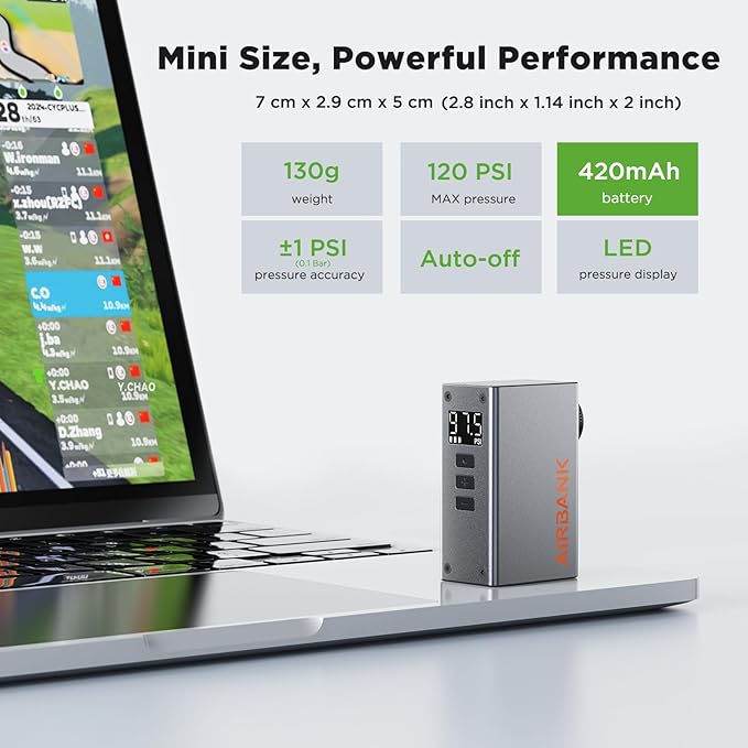 AIRBANK Mini Bike Pump with Gauge, Pocket 2 PRO, 120 PSI Electric Bicycle Pump Portable, Rechargeable Bike Air Pump for Road Bike, Mountain Bike, Sports Balls for Schrader & Presta Valve