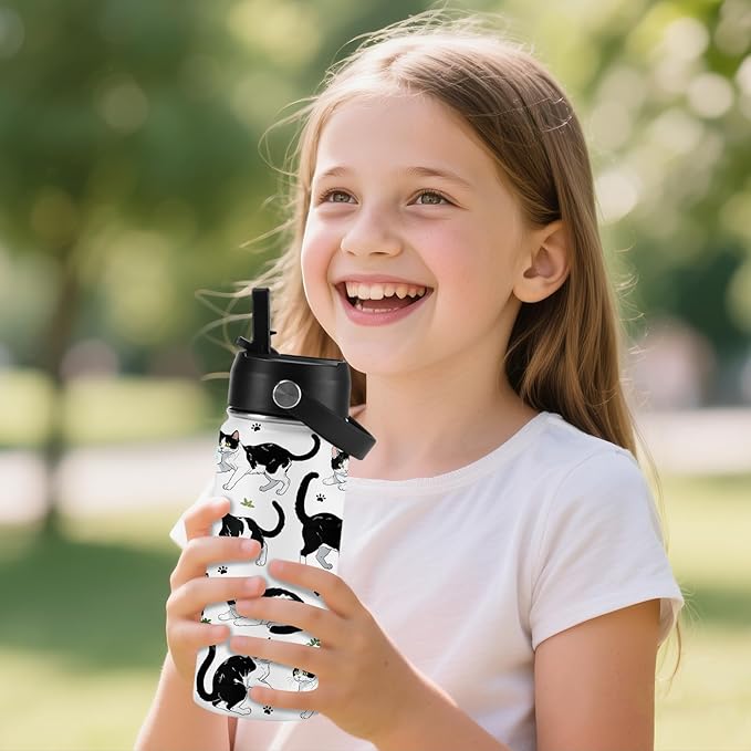 Cat Gifts for Kids - 16oz Cute Cow Cat Water Bottle with Straw Lid, Stainless Steel Insulated Tumbler, Leak Proof, BPA-Free, for Boys, Girls, School - Cow Cats Lovers Children Birthday Gifts Cups(1pc)