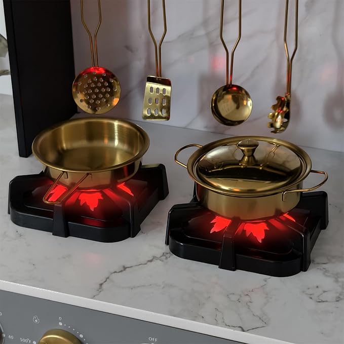 Wooden Play Kitchen with Ice Maker, Water Dispenser and Coffee Maker;Large Toddler Kitchen Playset with Washing Machine,Sink and Stove;Premium Gifts for 3+Years Boys Grils Kids