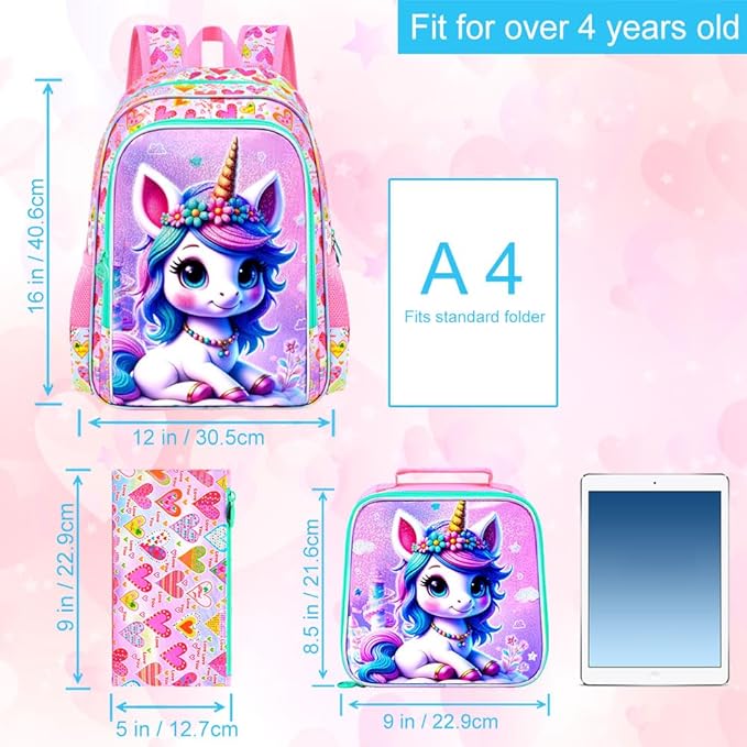 CCJPX 16" Unicorn Backpack for Girls, 3Pcs Kids Bookbag with Lunch Box, Water Resistant Elementary School Bag for Kindergarten Preschool Toddler (Pink)