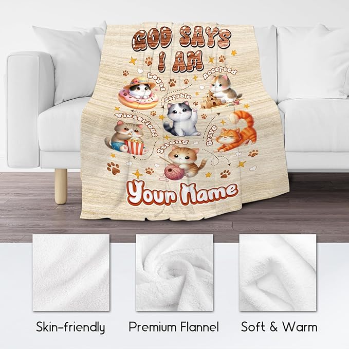 Personalized Cat Blankets with Name, Cat Themed Gifts for Girls & Boys, Animal Print Fleece Throw Blanket, 50"x60"