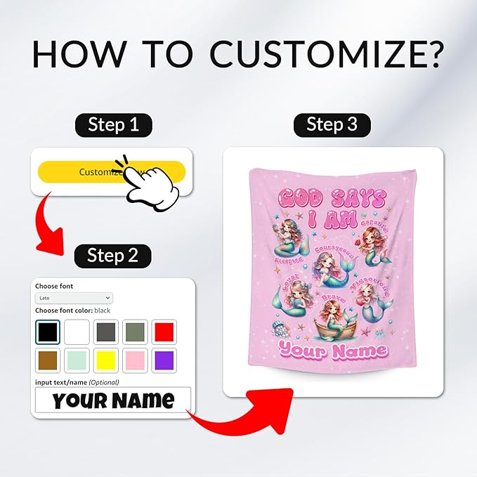 Personalized Mermaid Blanket for Girls, Custom Name Gift, God Says I Am Blanket, Cute Fleece Fuzzy Throw, 50"x60"