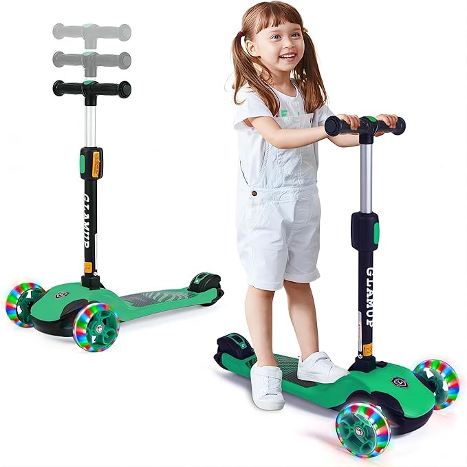 GLAMUP Kids Kick Scooter 3 Wheels, Kids Scooter Height Adjustable Handlebar, Lean-to-Steer System & Easy-Folding Mechanism, Ages 3-14 Boys and Girls