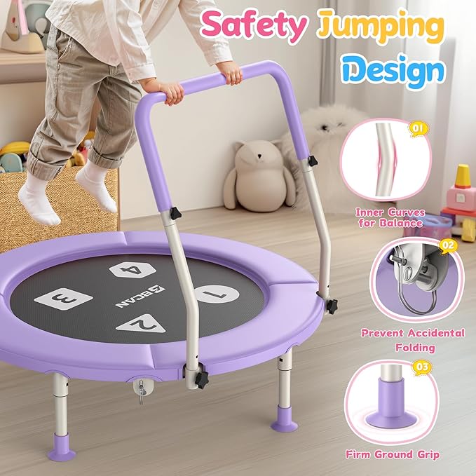 BCAN 36'' Toddler Trampoline, ASTM Certified-Foldable Mini Trampolines for Kids Ages 1-6, Adjustable Handle, Safety Pad & Foldable Legs, Baby Trampoline Indoor/Garden, Gift for Boy and Girl