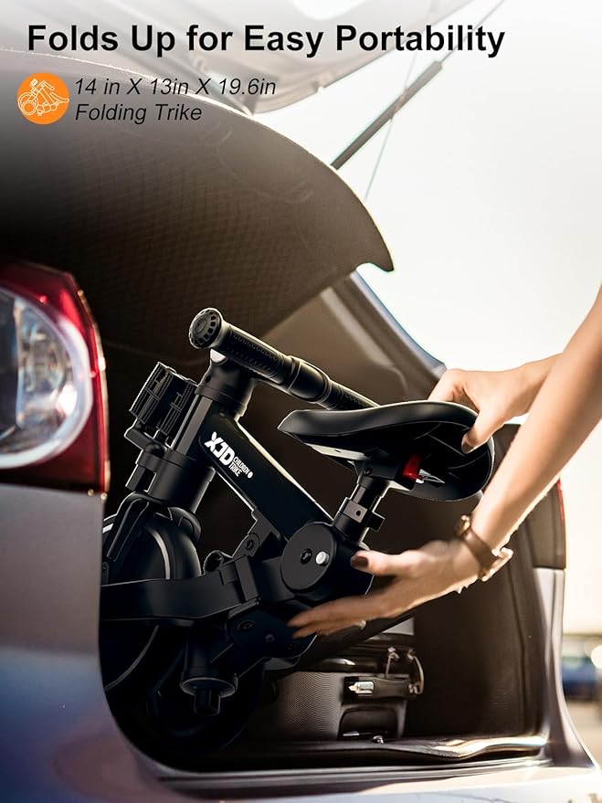 XJD Toddler Bike, 6 in 1 Folding Toddler Tricycle for 1-4 Year Old with Parental Control Handle, Balance Bike with Removable Pedal, Backrest, Adjustable Seat and Handle, First Birthday Gifts (Black)