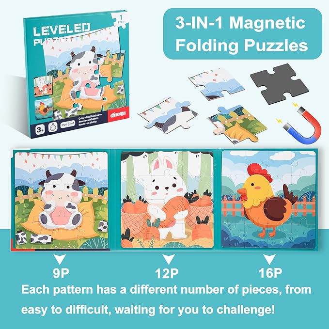 ASTARON Magnetic Puzzles for Toddlers, 9-12-16 Pieces Farm Learning Magnet Puzzle for Road Trip, Educational Travel Toys Car Plane Activities for Kids, Kids Birthday Gifts