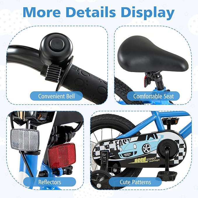 BABY JOY Kids Bike, 12 14 16 18 Inches Car Pattern Sporty Bicycle w/Removable Training Wheels, Hand & Coaster Brakes, Adjustable Seat & Handlebar, Girls Boys Bike