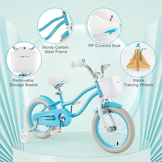 BABY JOY Kids Bike, 12 14 16 18 20 Inch Boys Girls Bike w/Adjustable Seat, Removable Basket, Handbrake & Coaster Brake, Training Wheels or Kickstand, Kids Bicycle with Multi-Color