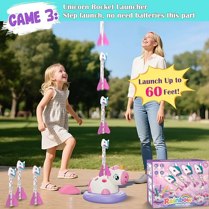Outdoor Games Toys for Kids, 3 in 1 Rocket Launcher, Musical Jumping & Ring Toss Games with Remote Control, Unicorn Toys for Girls Age 4-6, Outdoor Play Toy for Toddlers 3-5 4-8 Birthday Gift Party