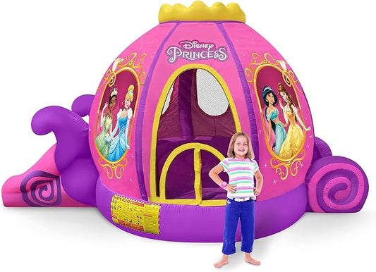 Funormous Disney Princess Carriage Inflatable Pink Bounce House with Slide and Ball Pit, Indoor Outdoor Bouncy Castle with Air Blower Kids Ages 3-8