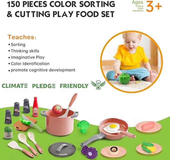150Pcs Kitchen Playset, Toddlers Pretend Cooking Cookware Accessories, Food, Picnic Blanket, Fruits, Veges, 2Pack Shopping Storage Basket, Dessert and Prop Money, Gift for Kids (Pink)