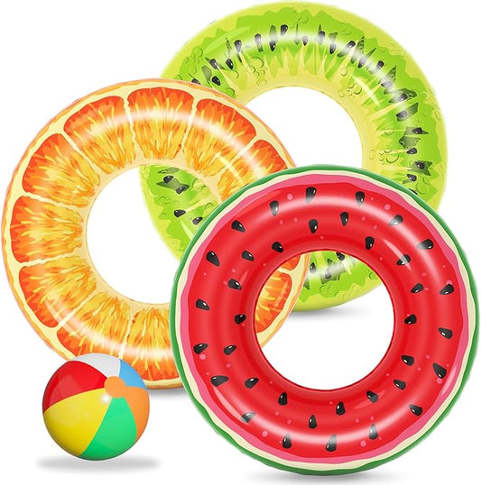 Jasonwell Inflatable Pool Floats Kids - 3 Pack Floaties Pool Tubes Swim Rings Fruit Water Floaty Watermelon Kiwi Orange Inflatable Pool Toys Float for Swimming Pool Party Lake Beach Kids Adults