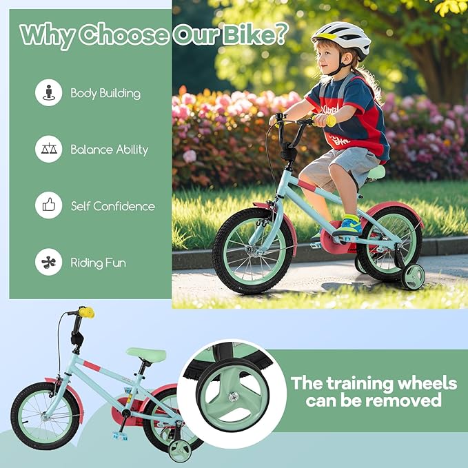 BABY JOY Colorful Macarons Kids Bike, 12 14 16 18 Inch Sporty Children's Bicycle with Training Wheels, Adjustable Handlebar & Saddle, Handbrake & Coaster Brake, Boys Girls Bike for 3-8 Years Old