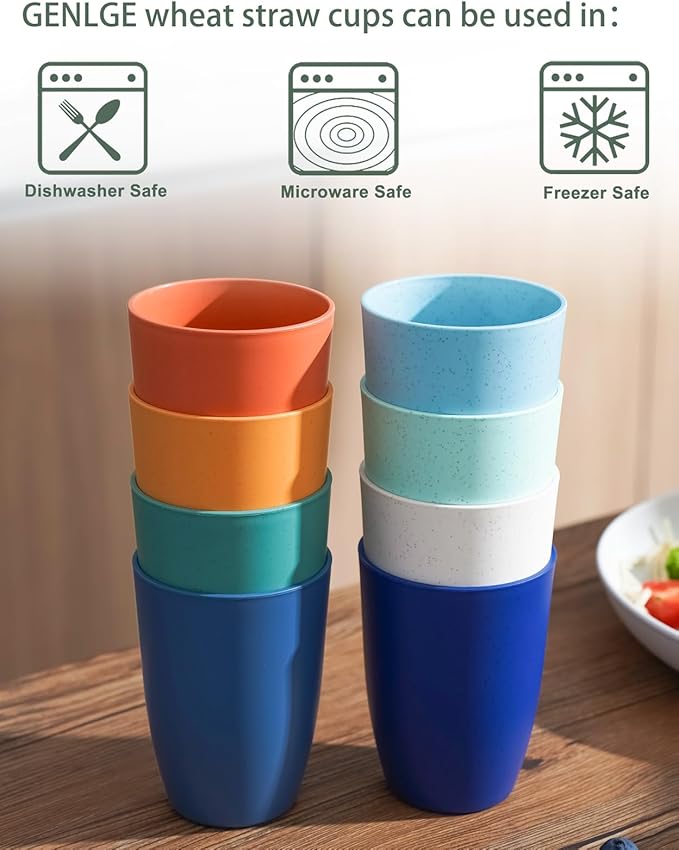 Wheat Straw Cups Set of 8 - Unbreakable 12 OZ Reusable Drinking Glasses BPA Free Cup Dishwasher Safe Tumblers