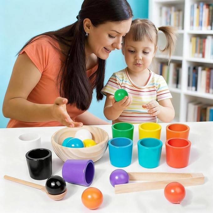 Balls in Cups Toddler Toys, Color Sorting & Matching Game, Wooden Educational Toy for Kids, Color Recognition, Concentration & Cognitive Skill Development, for 1-3 Years Old Toddlers