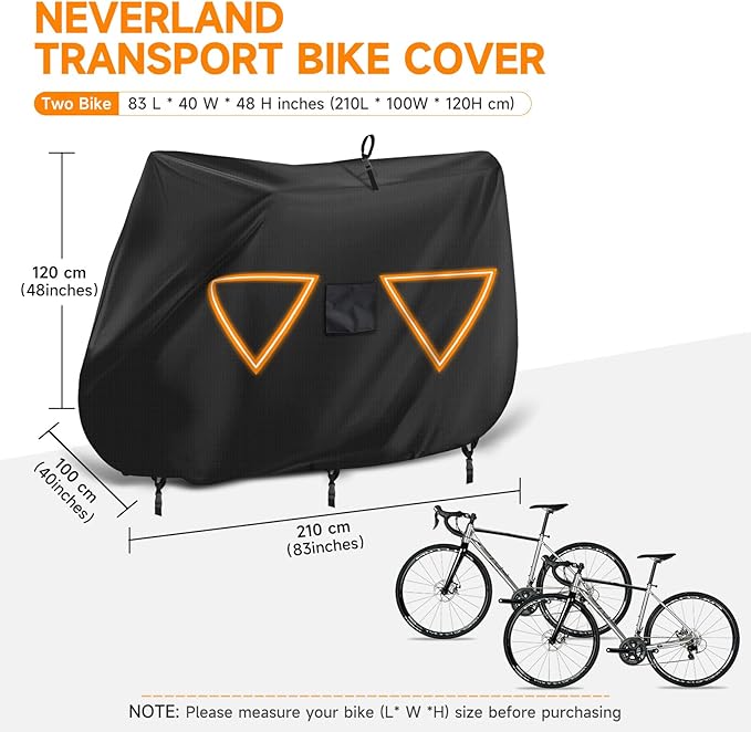NEVERLAND Bike Cover for Transport on Rack, Bicycle Cover Outdoor Storage Waterproof All Seasons, 600D Oxford Materials, Travel Use for Car, Truck, RV, SUV - Light Night Reflectors for 2 Bikes