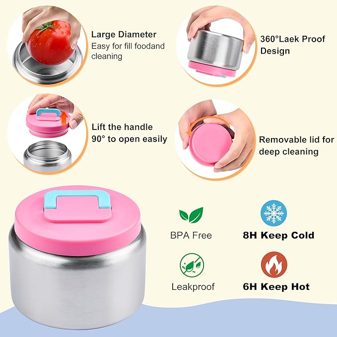 Bento Lunch Box for Kids with Thermos, Leakproof Bento Box with 8oz Insulated Food Jar, Insulated Bottle, Lunch Bag, BPA Free Dishwasher Safe 4 Compartment Container for School Girls Boys (Pink)