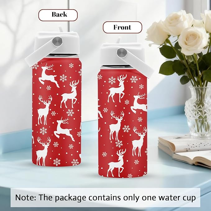 Christmas 16 oz Water Bottle with Straw Lid, Stainless Steel Insulated Tumbler, Deer Water Bottles, Reindeer Cup Gifts for Christmas Birthday (1pcs)