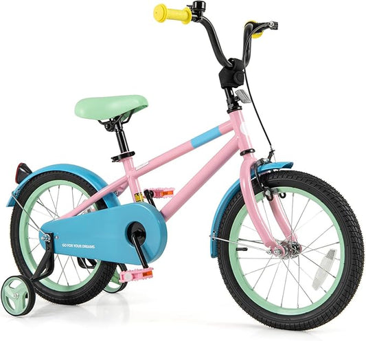 BABY JOY Colorful Macarons Kids Bike, 12 14 16 18 Inch Sporty Children's Bicycle with Training Wheels, Adjustable Handlebar & Saddle, Handbrake & Coaster Brake, Boys Girls Bike for 3-8 Years Old