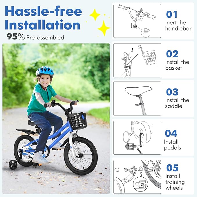 COSTWAY Kids Bike, 12 14 16 18 Inch Toddler Bike for Boys & Girls Aged 3-8 Years Old, Kids Bicycle w/Removable Training Wheels, Handbrake & Coaster Brake, Basket, Bell