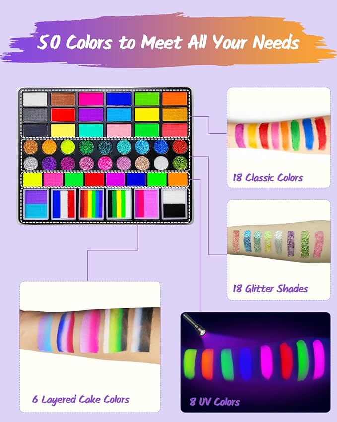 Face Painting Kit for Kids, 50 Colors Water Activated Face Paint Kit, Non-Toxic Professional Makeup Palette with Stencils, Gems, Brushes, Hair Dye Comb & Bucket for Kids Parties & Christmas