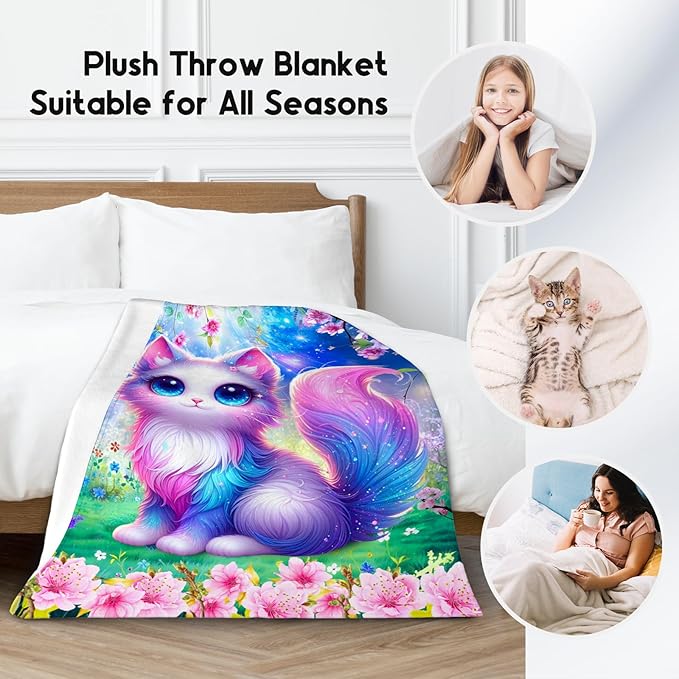 Blanket Gifts for Girls, Cat Blankets for Cat Lovers, Girls Throw Gifts, Cute Flannel Throw for Kid Adults, 60"x80"