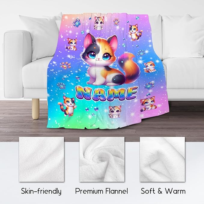 Personalized Blankets for Girls - Custom Cat Lovers Blanket Gifts - Soft Cozy Cute Flannel Cat Throw for Sofa Living, 4 Size