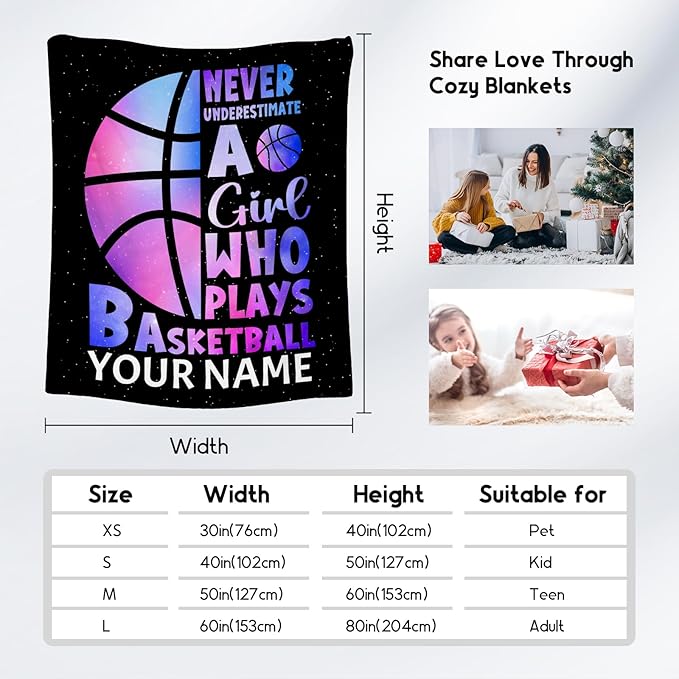 Personalized Basketball Blanket for Girls, Custom Basketball Gifts with Name for Girls, Sport Throw Blankets for Team, Kids Throws for Living Room (60x80 Inch)
